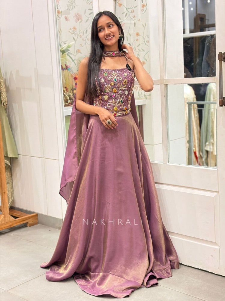 Image of Urban Flare Wine Indo-Western Lehenga Set with Cut Dana and Stone Work