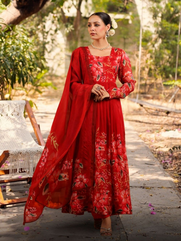 Image of Gulzaar Red Organza Anarkali Suit Set with Floral Print