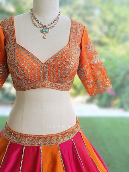 Nishika Rani Pink & Orange Silk Satin Lehenga