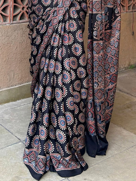 Mandala Black Modal Silk Saree with Running Blouse Piece