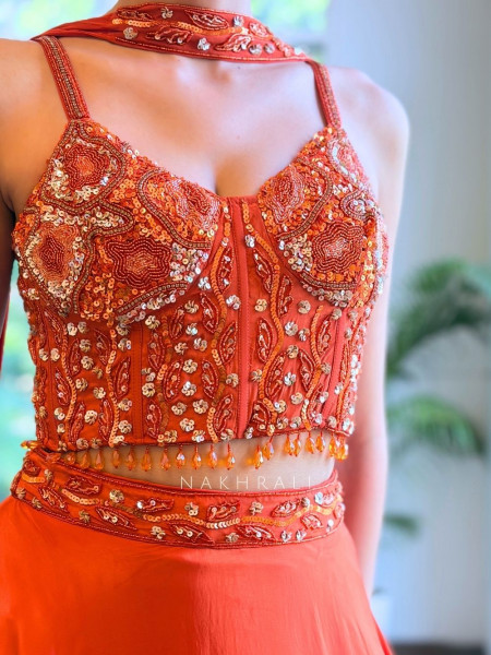 Rangvalli Orange Corset Lehenga Set With Cutdana & Sequin Work