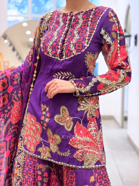 Guzarish Purple Silk Sharara Suit Set with Floral Zardozi & Mirror Work