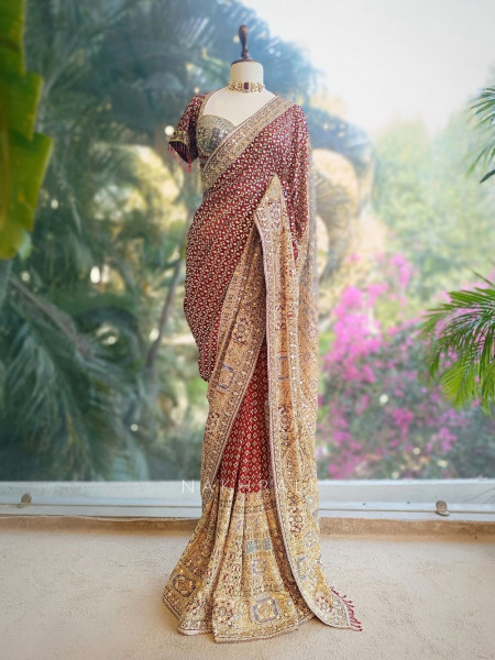 Marora Maroon Saree with Zari and Mirror Work