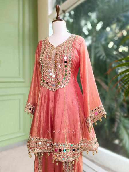 Amaya Peach Tissue Dhoti Kurta Set with Mirror and Gota Patti Work