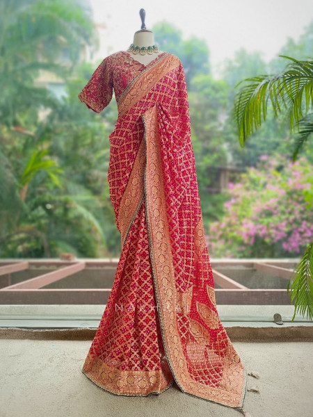 Trishna Red Georgette Silk Blend Saree With Bandhani & Banarasi Zari Work