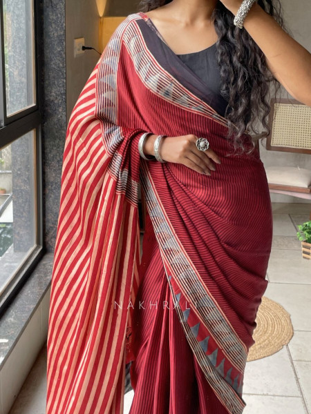 Dhani Red Modal Silk Saree With Ajrakh Print