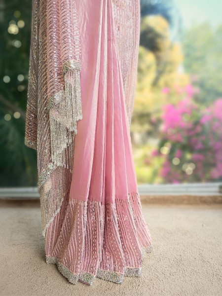 Viora Pink Drape Saree with Sequin Fringe Work