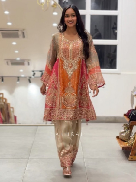 Falak Tissue Silk Heritage Orange  Suit Set