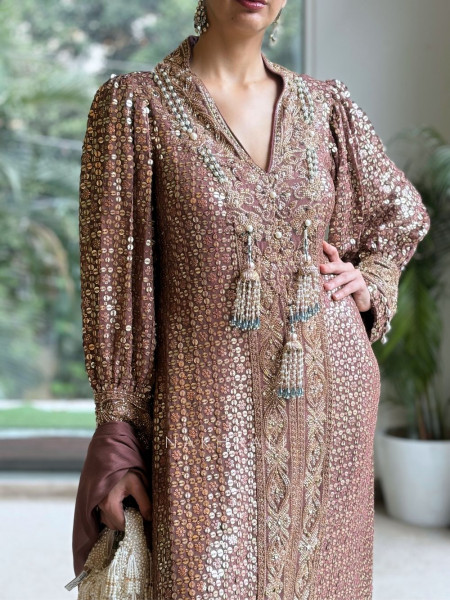 Rosmira Dusty Brown Mauve Silk Crepe Suit Set