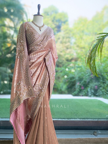 Serenique Peach Shimmer Silk Blend Saree