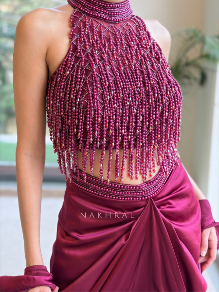 Vertigo Wine Indo Western Crop Top Skirt Set