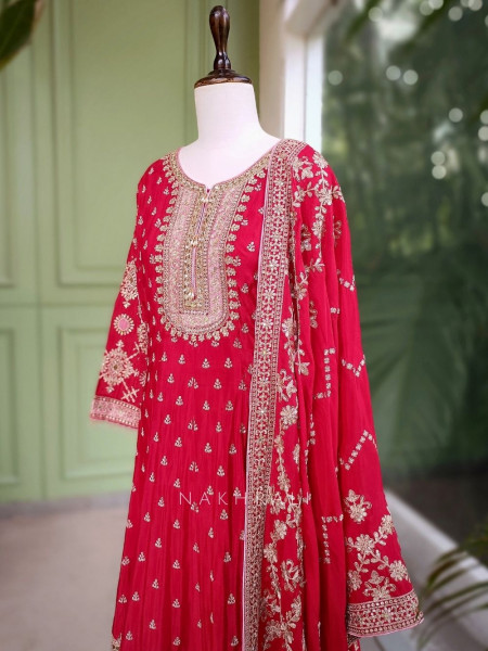 Aarvi Red Anarkali Suit Set with Zari Embroidery and Embellished Dupatta