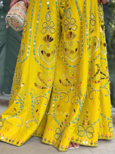 Rosefire Yellow Embellished Crop Top Palazzo Set