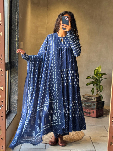 Mireya Blue Cotton Anarkali Suit Set with Printed Design