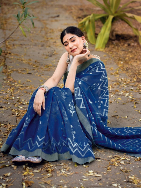 Aabheri Bloom Blue Chanderi Saree with Batik Print