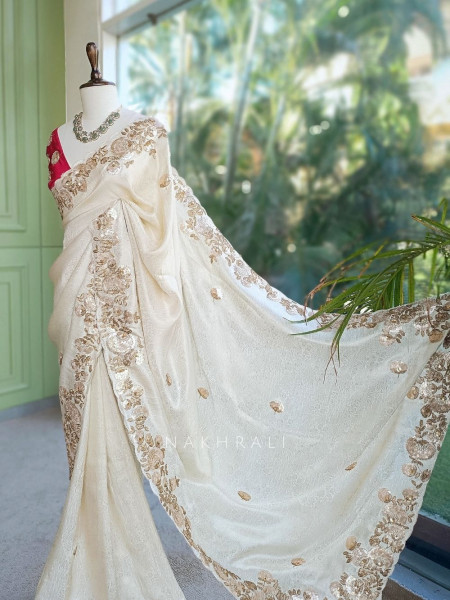 Dimensional Petal Cream Saree with Running Blouse Piece