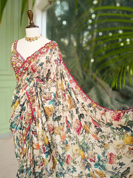 Maroon Crepe Silk Embroidered Saree with Readymade Blouse