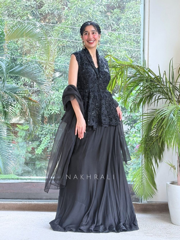 Image of Nishika Black Georgette &amp; Satin Silk Indo-Western Lehenga