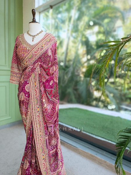 Guzel Wine Gajji Silk Saree with Mosaic Print