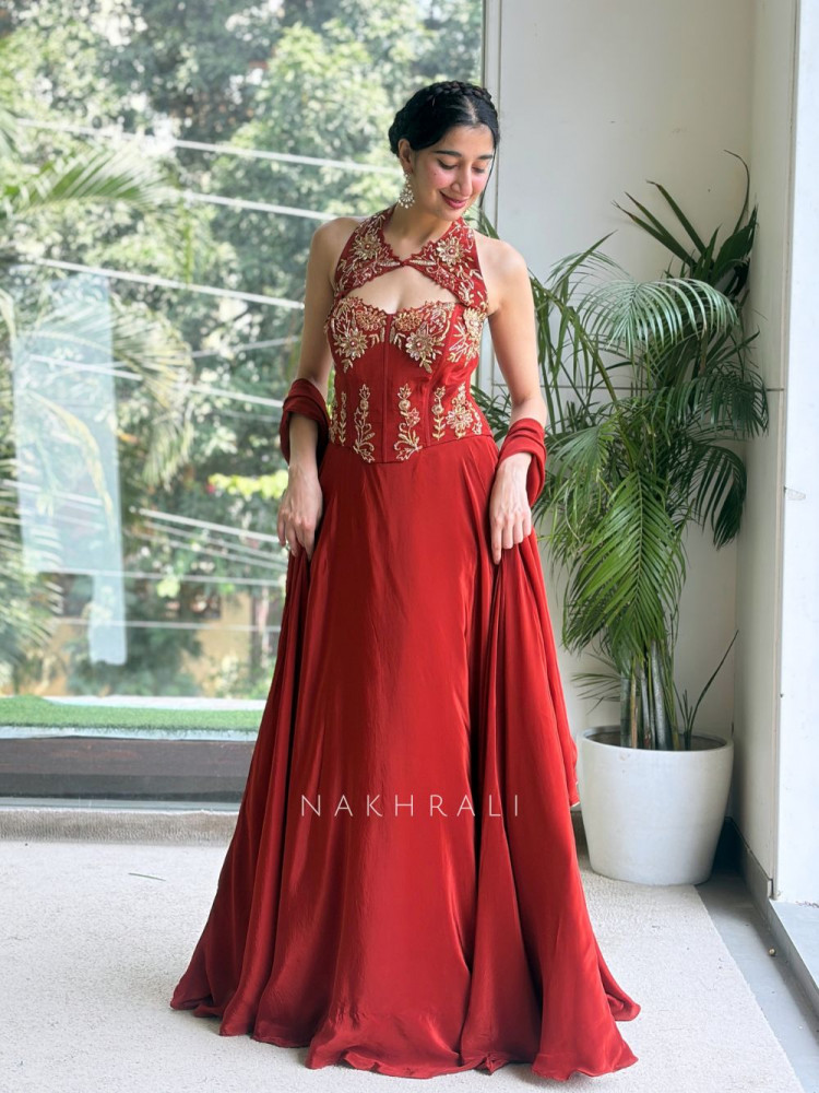 Image of Scarlet Rust Raw Silk &amp; Georgette Corset Lehenga Set