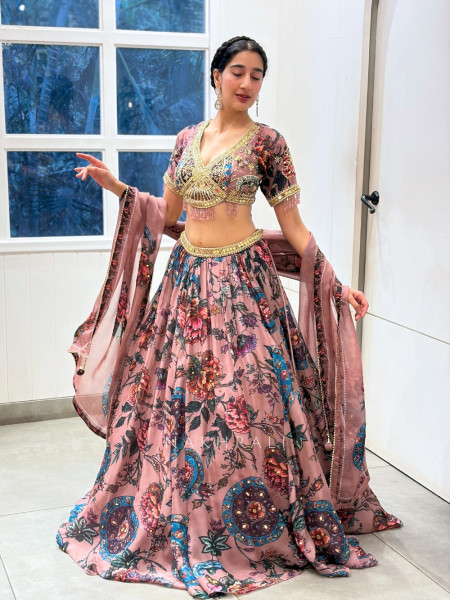 Kavyanjali Onion Pink Organza Silk Floral Printed Lehenga Set with Mirror, Gota & Crystal Bead Work