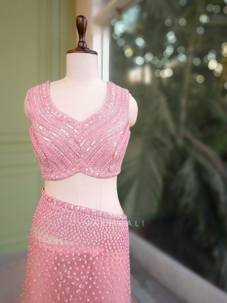 Chandelier Pink Net Saree with Sequin and Cut Dana Blouse