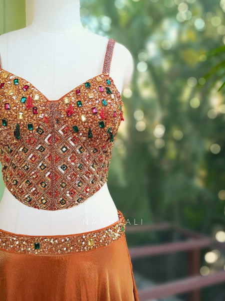 Ravaeya Rust Corset Indo-Western Lehenga Set with Sequin Work