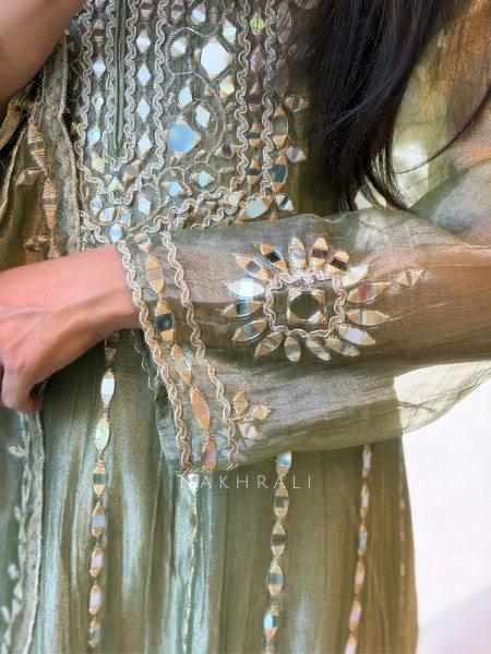 Evara Green Tissue Anarkali Suit Set with Mirror and Gota Work