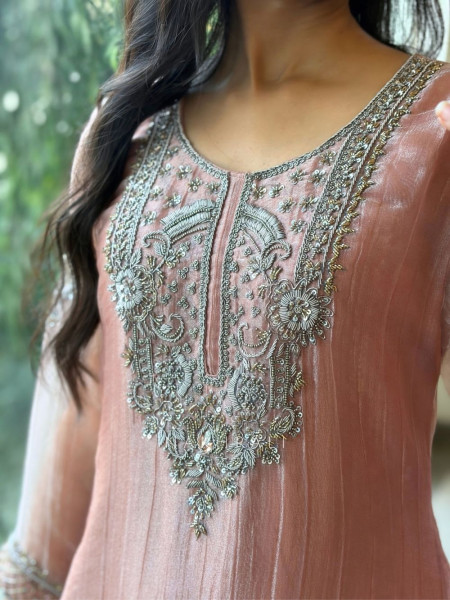Mrinalini Onion Pink Tissue Silk Suit Set