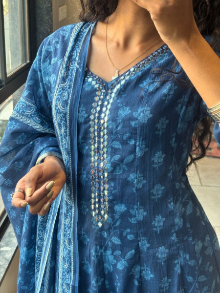 Ruhani Blue Cotton Anarkali Set with Dupatta