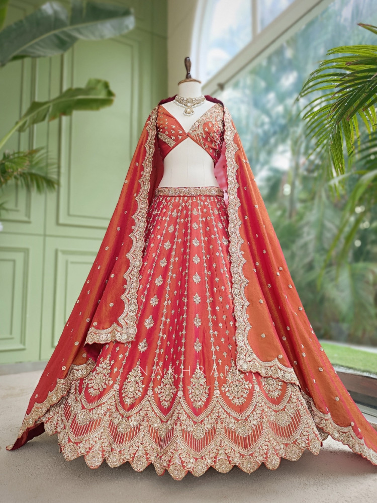 Image of Mashoor Rust Raw Silk Unstitched Bridal Lehenga