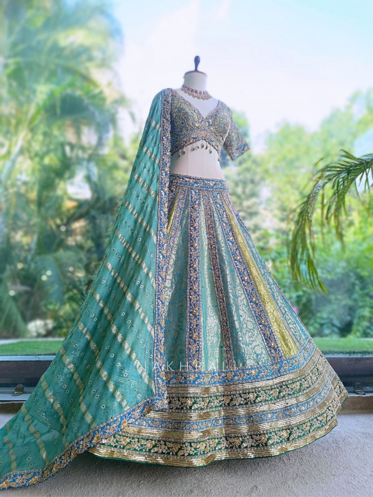 Image of Cerulean Sea Green Benarasi Silk Brocade Lehenga Set