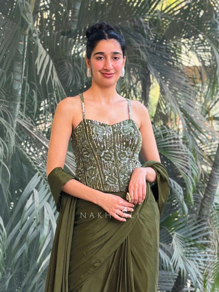 Verdelle Green Drape Saree with Sequin and Cut Dana Corset Blouse