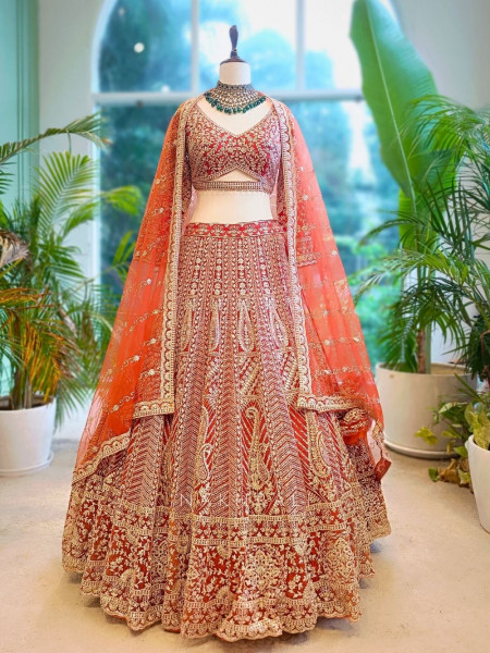 Royal Vermilion Brick Bridal Lehenga with Intricate Zari Work