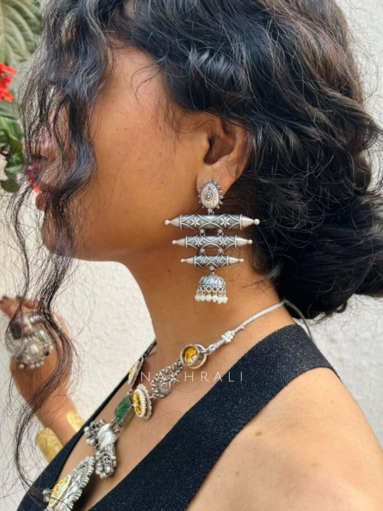 Image of Tivara Oxidised Silver Barrel Drop Earrings