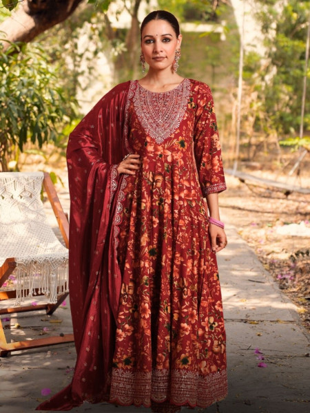 Vanya Maroon Cotton Anarkali Set with Zari & Sequin Work
