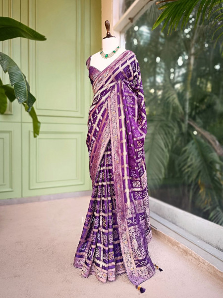 Rangriti Purple Bandhani Saree with Gota Border