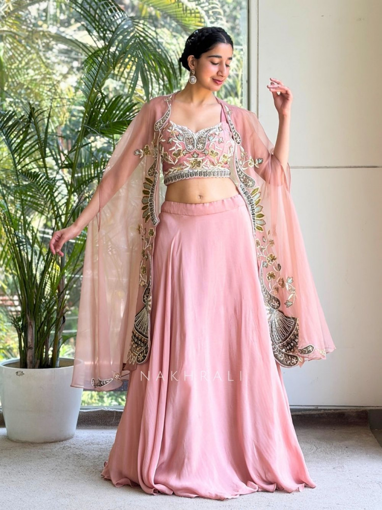 Image of Avelyn Pink Indo-Western Lehenga Set with Embroidered Cape