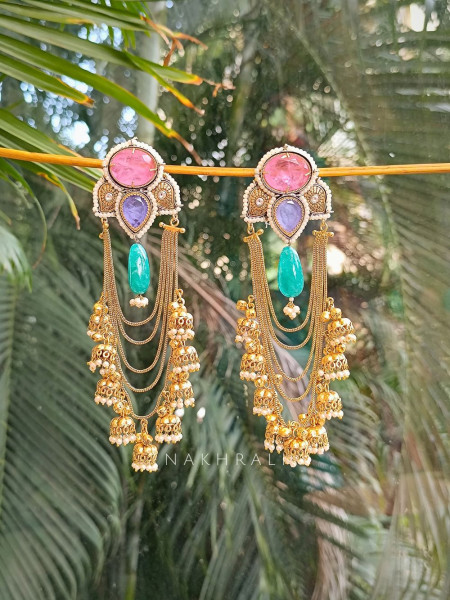 Divya Pink Multi-Stone Dangler Earrings with Pearl Jhumkis