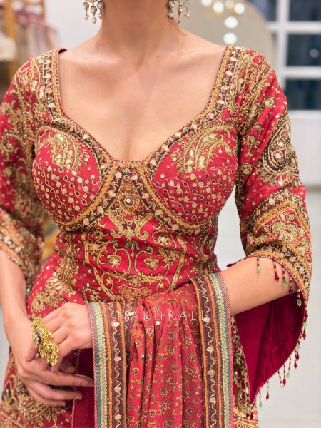 Sargam Red Suit Set Printed Embroidery & Sequin Work