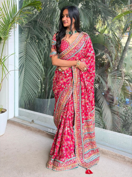 Zehra Red Printed Saree with Zari Sequin Work and Readymade Blouse