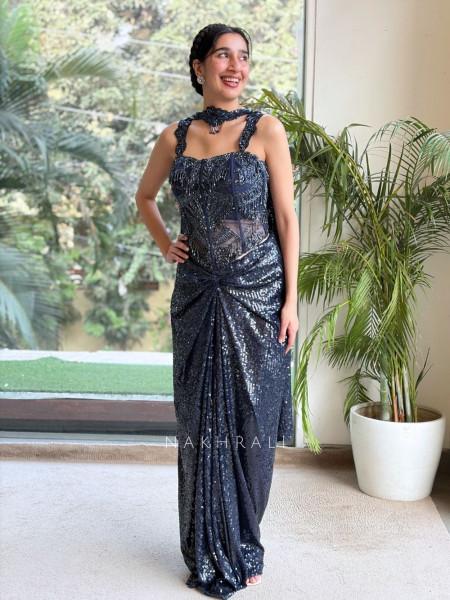 Marine Midnight Blue Indo Western Crop Top Skirt Set