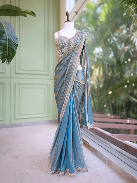 Vyra Teal Blue Drape Saree with Embroidered Corset Blouse