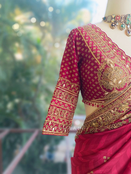 Virasat Maroon Crepe Saree with Heavy Embroidery and Readymade Blouse
