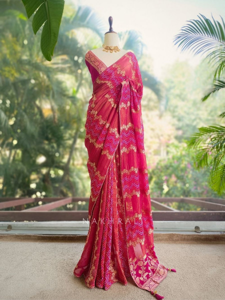 Morvyn Magenta Saree with Bandhani Print and Zari Weave