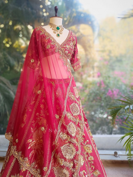 Svarika Red Zari Sequin Bridal Lehenga Set