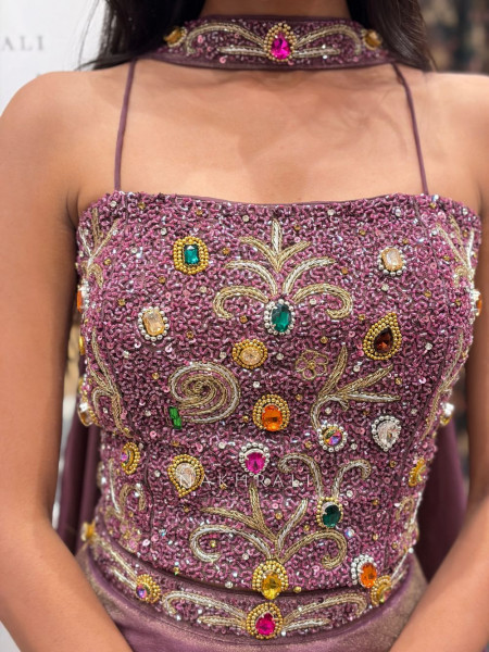 Urban Flare Wine Indo-Western Lehenga Set with Cut Dana and Stone Work