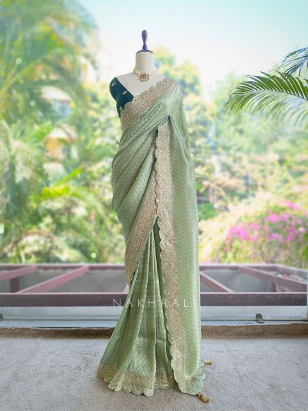 Noor-e-Tarang Pista Green Checks Weaved Saree with Embroidered Border