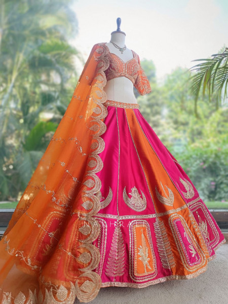 Nishika Rani Pink & Orange Silk Satin Lehenga