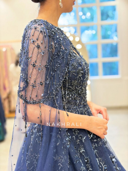 Sky Whisper Blue Sparkly Tulle Indo Western Gown